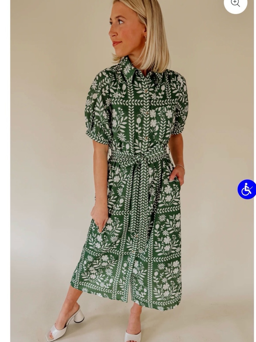 Magnolia Green and White Floral Midi Dress with Tie Belt